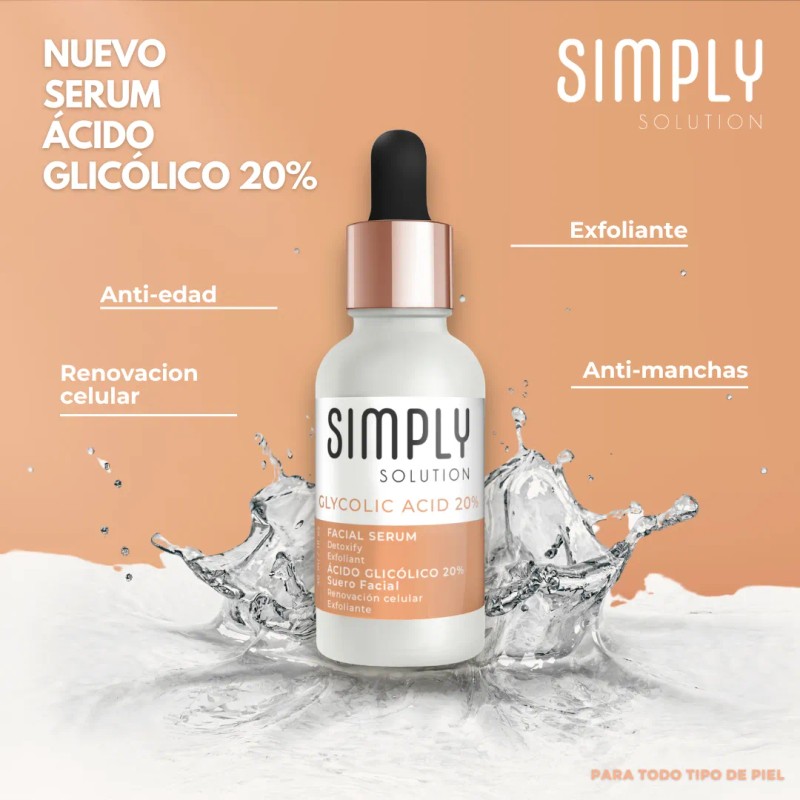 Simply Solution suero facial 20 % ácido glicólico, exfoliación intensa