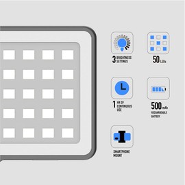 DigiPower LED-Videolicht mit 3 Beleuchtungsmodi und 3 Farbfiltern, 50 LED-Leuchten, inklusive universeller Handyhalterung, DSLR-Kameras, Action Cams und Videokameras, DP-VL50