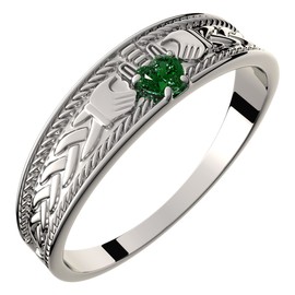 GWG Jewellery 925 Sterling Silver Claddagh Ring with Heart Shaped Emerald Green Stone, Hands, and Crown – 5 in Gift Box for Women