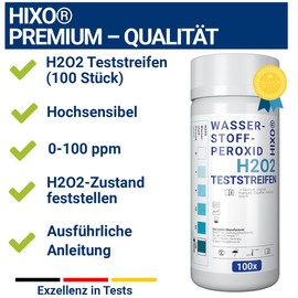 HIXO 100 x H2O2 Test Strips - Hydrogen Peroxide Water Test for 0-100ppm - Measure Concentration - Quick & Easy Application - Includes Colour Scale