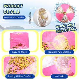 Syhood 2 Pcs Glitter Beach Ball 16 Inch Inflatable Beach Balls Gold Confetti Pool Balls for Swimming Pool for Adults Summer Birthday Party Favors (Pink and White)