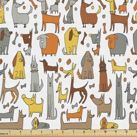 Lunarable Dog Fabric by The Yard, Funny Canine Design with Bulldogs Dachshunds Terriers Sketch Style Pet Composition, Decorative Fabric for Upholstery and Home Accents, 1 Yard, Brown Grey
