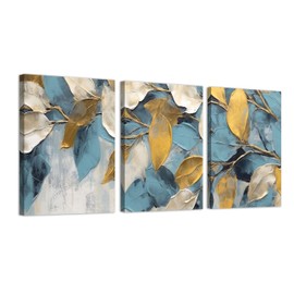 LUCCAZINI Turquoise and yellow leaves on white background floral colorful wall art set of 3 12x16inch each panel canvas stretched on wood frame
