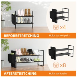 Shoe Rack with Side Pocket, Expandable 2-Tier Mesh Shoe Organizer for Closet, Adjustable Width 17.7"-29.3", Stackable Metal Shelf for High Heels, Entryway & Small Space, Black