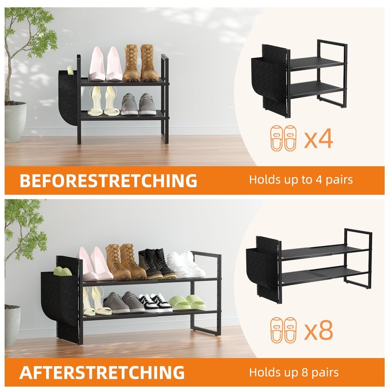 Shoe Rack with Side Pocket, Expandable 2-Tier Mesh Shoe Organizer