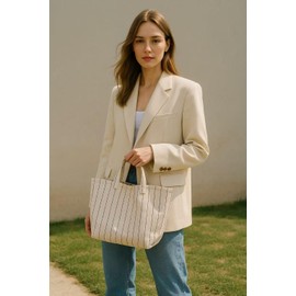 Jeelow Canvas Tote Bag for Women Striped Handbag Cotton Casual Lightweight Portable Shopping Bag with Inner Pocket (Black Stripe)