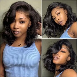 Ten Chopsticks Short Bob Wavy Human Hair Lace Front Wigs HD Invisible 13X6 Lace Frontal Human Hair Wigs Pre Plucked Bleached Knots Glueless Brazilian Remy Hair Short Body Wave Wigs For Woman 14"
