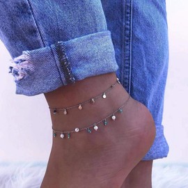 Yienate Beach Anklets Simple Turquoise Pearl Silver Sequin Pendant Anklet Set Foot Jewelry for Women and Girls
