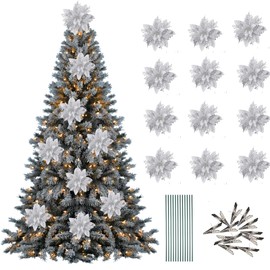 Leixi 12Pcs Poinsettia Flower Artificial Pointsettia with Clips Christmas Decor Glitter Poinsettia Christmas Ornaments Tree Flower Decor with Stems DIY Xmas Wreath Holiday Party Decor (Sliver)