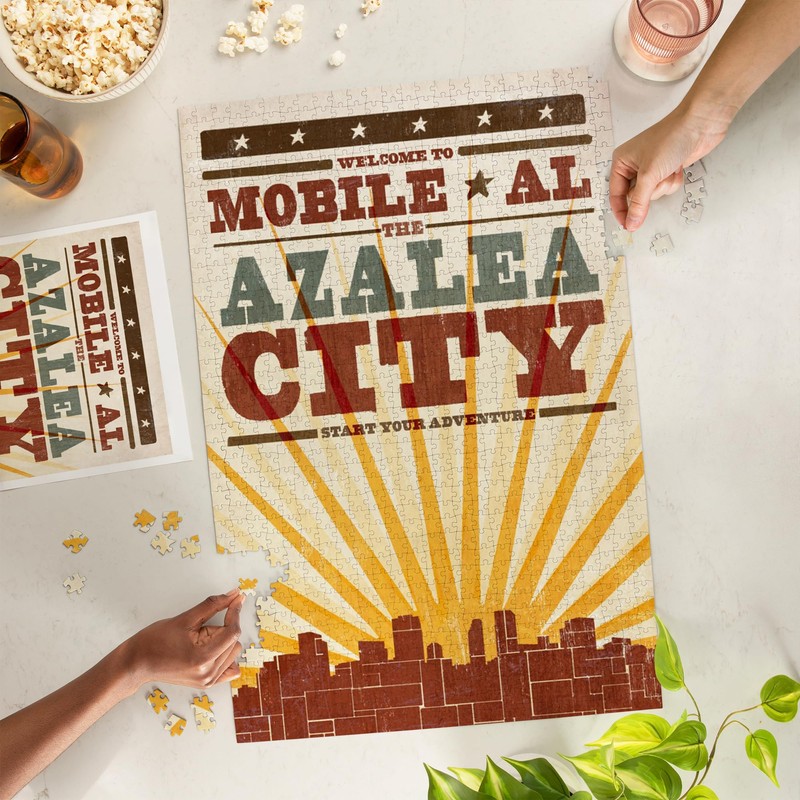 Lantern Press Mobile, Alabama, Skyline and Sunburst Screenprint Style 1000