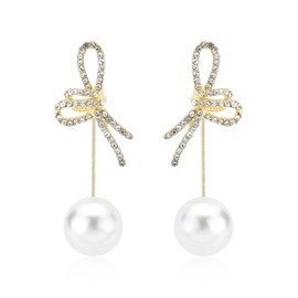 QIAOLEHUI Bow Pearl Earrings for Women Crystal Bow Earrings Gold Bowknot Dangle Drop Earring Dainty Statement Pearl Earring Jewelry Gifts (Gold)