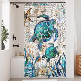 Accnicc Nautical Sea Turtle Shower Curtain Teal Blue Stained Glass Ocean Theme Coastal Shower Curtains for Bathroom Small Vintage Map Beach Waterproof Fabric Bath Curtain Decor 36'' × 72''