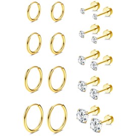 Diamday 9 Paar Ohrringe Gold Set, Creolen Gold Kleinfür für Damen Herren Ohrstecker Mehrfachpiercing Hypoallergene 14K Vergoldet Kleine Knorpelohrringe Hypoallergen Huggie Helix Knorpel Ohrringe