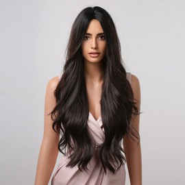 BERON Black Wigs for Women Black Brown Wig Long Curly Wavy Black Wig Middle Part Synthetic Heat Resistant Wig Cap Included