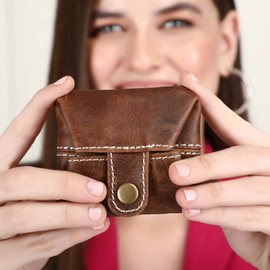 CestAntiQ, Leather Coin Pouch Change Holder Mini Pocket Wallet for Men & Women | Vintage Handmade Brown Leather Mini Wallet | Durable Compact Coin Purse | Classic Retro Coin Holder, Brown, Classic
