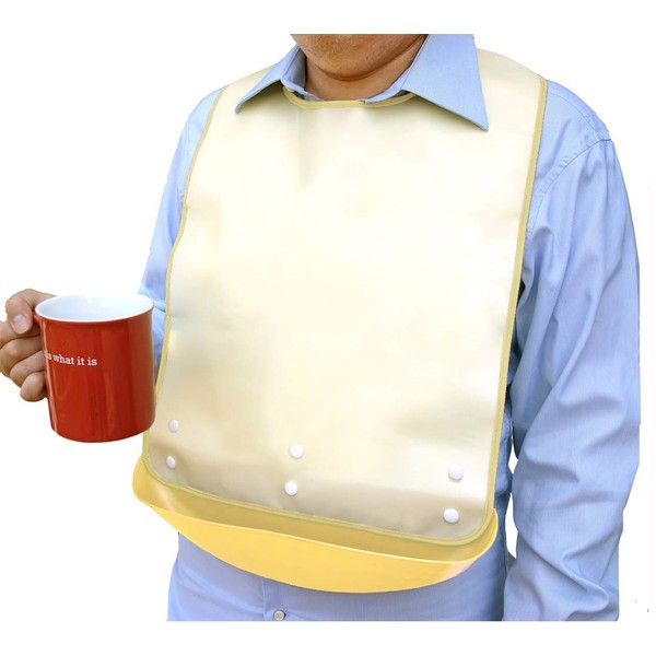 Waterproof Adult Senior Elderly Bib Apron Mealtime Clothing Protector with Detachable Crumb Catcher (Beige)