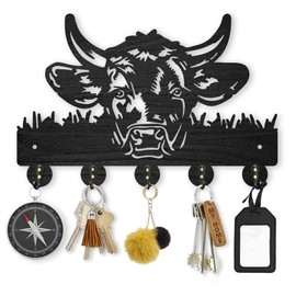 MAYJOYDIY Cow Coat Rack Wall Mount 30×20cm Wood Farm Animal Wall Art Decor Bull's Head Key Holder for Wall 5 Alloy Hooks Black Hook Rack Hat Towel Wall Hook for Entryway Living Room Bedroom Gift