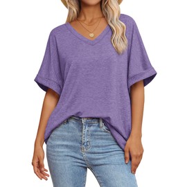 ATHMILE Teacher Outfits for Women Oversized T Shirts Loose Fit V Neck Short Sleeve Summer Casual Blouse 2025 Tee Tops Purple