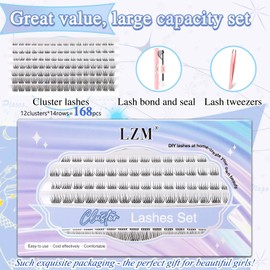 LZM Eyelash Extensions Set, 168 Pieces, Lashes Extension Set, 8-16 mm, DIY Lash Extension Set, D Curl, Natural Thin Band, Eyelash Extensions with Individual Eyelashes, Glue, Bond & Seal (LZ07-D Curl