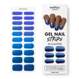 MOYOU LONDON Semi-hardened UV gel strips, pack of 20, gel nail foils, UV hardening for salon quality manicure, set with nail file and wooden cuticle sticks, electric blues