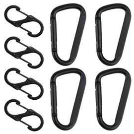 Set of 8 Carabiner Hooks, Includes 4 D-Clips Carabiner Hooks & 4 S Carabiner Hooks, Aluminium Metal Double Carabiner, Black Carabiner for Camping, Hiking, Backpack