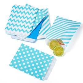 Boutigem 40Pcs Blue Kraft Paper Bags Flat Party Favor Treat Bags Small Snack Bags Polka Dot Wave Stripe Pattern Food Storage Bags Cookie Candy Buffet Bags for Festival Party Wedding, 7.09 x 5.12 Inch