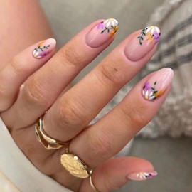 Flower Almond False Nails Short, French Artificial Nails, Acrylic Nails for Sticking with Nail Glue Sticker, Glossy Oval Artificial Nails, Press On Nails for Women