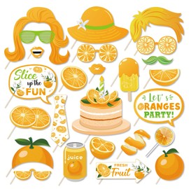 LUMSONKristin Paradise 25Pcs Orange Fruit Photo Booth Props with Stick, Little Cutie Theme Selfie Props, Summer Citrus Birthday Party Supplies, Clementine Photography Backdrop Decorations