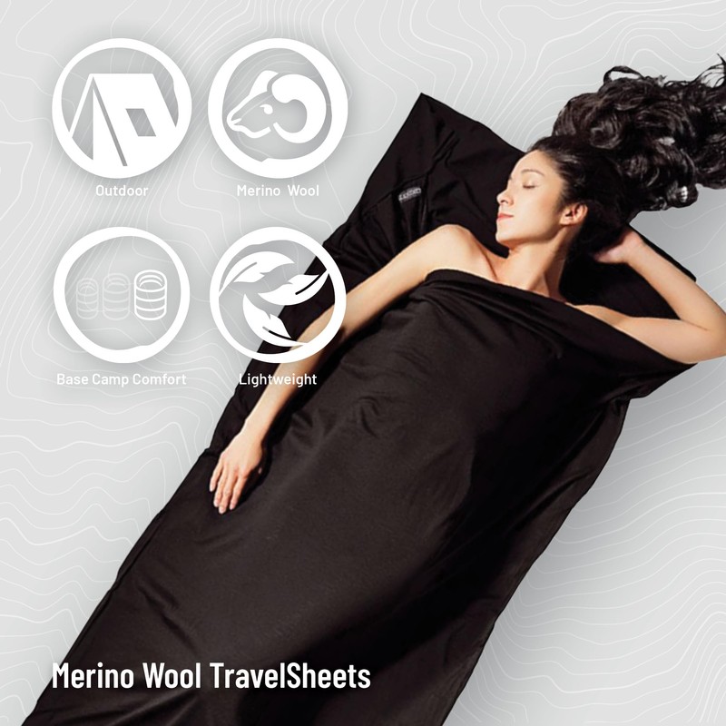 COCOON Merino Sleeping Bag Travel Sheet - Merino Wool, Black