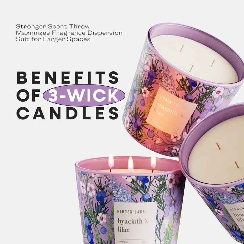 Hidden Label Hyacinth & Lilac Scented,3 Wick Large Candles for