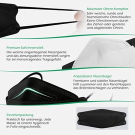 TubeRoo FFP2 fish shape mask, black, pack of 100 masks, CE certified, soft, round ear loops bands, respirator mask