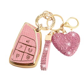 Simocky Key Fob Cover with Diamond Heart Keychain Car Key Shell Compatible with 2021-2024 Chevy Tahoe Suburban GMC Yukon Denali Silverado Buick Full Protector for Women (5 Buttons-Pink)