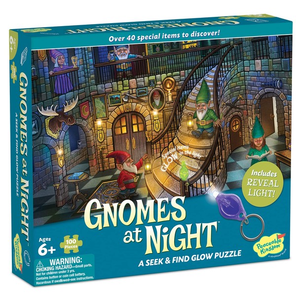 Peaceable Kingdom Gnomes at Night Puzzle – 100-Pc. Seek & Find Glow Puzzle for Kids Ages 6 & Up – Included Blacklight Reveals Hidden Items – Great for Home or Classrooms