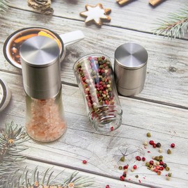HerbHaus Stainless Steel Top 80ml Refillable Glass Bottle Salt and Pepper Manual Grinder Mill Set with Wooden Base