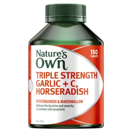 Nature's Own Garlic + Vitamin C, Horseradish, Fenugreek & Marshmallow, Triple strength Tablets 150 - Reduces Duration & Severity of Common Cold Symptoms - Traditionally Used to Relieve coughs