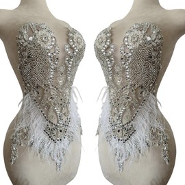 ESOSZNUA Pure Handmade Bodice lace Rhinestones Applique Sewing Stones Beads Crystal Trimming Patches Accessories for Wedding Dress Ostrich Feather Decorations 13.7X22inches 1pcs/Bag (Silver)