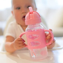 Dr. Brown's Milestones - Botella de paja para sorber de cuello ancho con asas 100% silicona y paja con peso, 9 onzas/270 ml, rosa, 6 m+