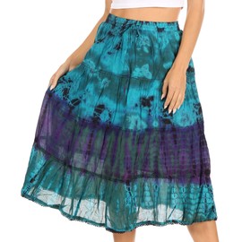 Sakkas 18452 - Antonia Women's Skirt Tie Dye Boho Elastic Waist Adjustable Embroidery - Turq - OS