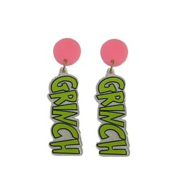 Cute Pair of Drop and Dangle Pink Stud Grinchmas Earrings for Women. Fun Pink Drop and Dangle Grinchmas Earrings for Women. Fun Pink Christmas Accessories for Women. Drop and Dangle Grinchs Colored Earrings for Women. Green and Pink Christmas Earrings