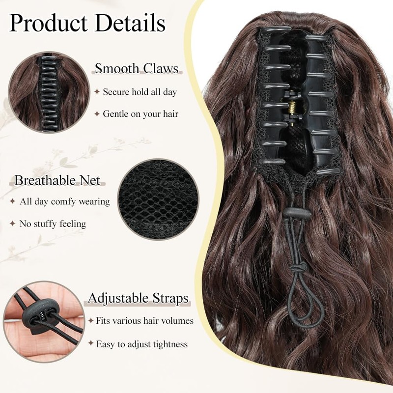 Doxken Claw Clip Ponytail Extension 14 Inch Brown Lightweight Wavy