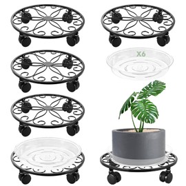 lucpur 6 Pack Metal Plant Stand with Wheels 12 Inch Plant Caddy with Wheels Heavy Duty Wrought Iron Rolling Plant Stand Plant Dolly Plant Rollers Plant Cart Plant Mover with 6 Pack Plant Saucers
