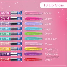 MAKEUPERIA Stitch Brillo de Labios Infantil con Sabor, Set de 10 Piezas a Base de Plantas, Cosmético Seguro y Lavable, Ideal como Regalo para Niñas, Presentación con Blíster y Goma Decorativa