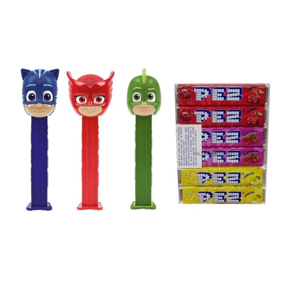 Pez PJ Masks - Juego de dispensadores de caramelos – Dispensadores de caramelos Cat Boy, Owlette y Gekko Pez con un paquete de recambio de caramelos de 6 rollos | Recuerdos de fiesta, bolsas de agarre