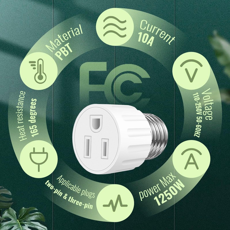 (2 Packs) 3 Prong Light Socket to Plug Adapter, E26