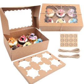 MAMUNU 10PCS 6 Cavity Cupcake Boxes with Window and Inserts, Auto-popup Kraft Bakery Cookie Boxes Cupcake Containers with Stickers and Twine String (Brown)