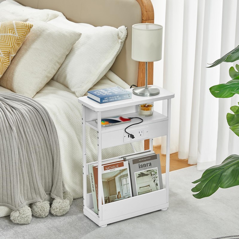 YEAKOO Narrow Side Table with Charging Station, 3-Tier End Table