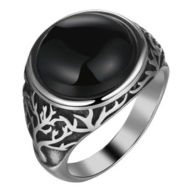 Oidea Men's Tiger Eye Rings: Vintage Oval Agate Stone Rings Stainless Steel Tree of Life Ring Wedding Statement Cocktail Party Signet Pinky Thumb Ring Jewelry Gifts Black Size 9