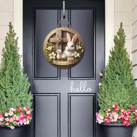 Easter Wreaths,SWEKKE Easter Wreath for Front Door, Wooden Easter Bunny Chick Decor Door Sign Wreath 12 Inch, Easter Welcome Door Sign Easter Decorations, Easter Lily Flower Rabbit Welcome Door Sign