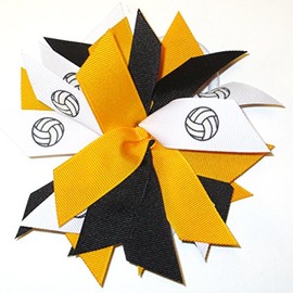 Sublimation Specialties Volleyball Pom Hair Bow - Made in The USA, Black/Gold, White Pony Band