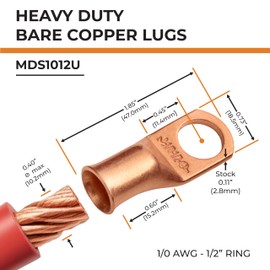 SELTERM 25pcs 1/0 AWG 1/2" Stud Battery Lugs, Ring Terminals, Heavy Duty Copper Wire Lugs, Battery Cable Ends, 0 Gauge Ring Terminal Connectors, UL Bare Copper Eyelets Electrical Battery Cable Lugs